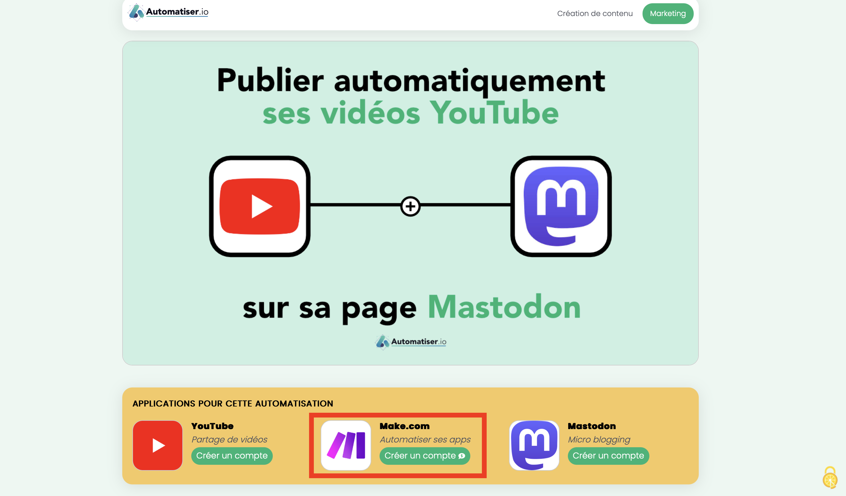 utiliser make.com pour publier video youtube sur mastodon en automatique