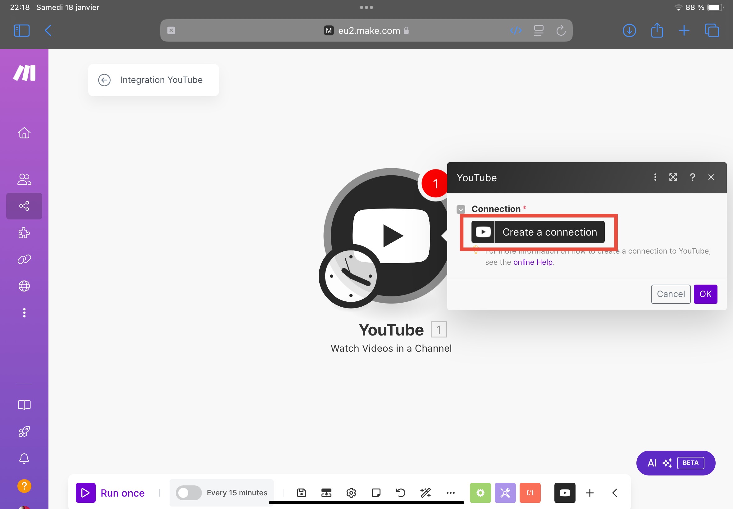 comment ajouter son compte youtube a make.com