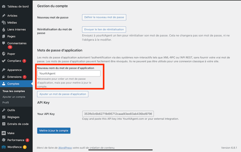 11 comment ajouter un mot de passe application dans wordpress pour your ai agent.PNG