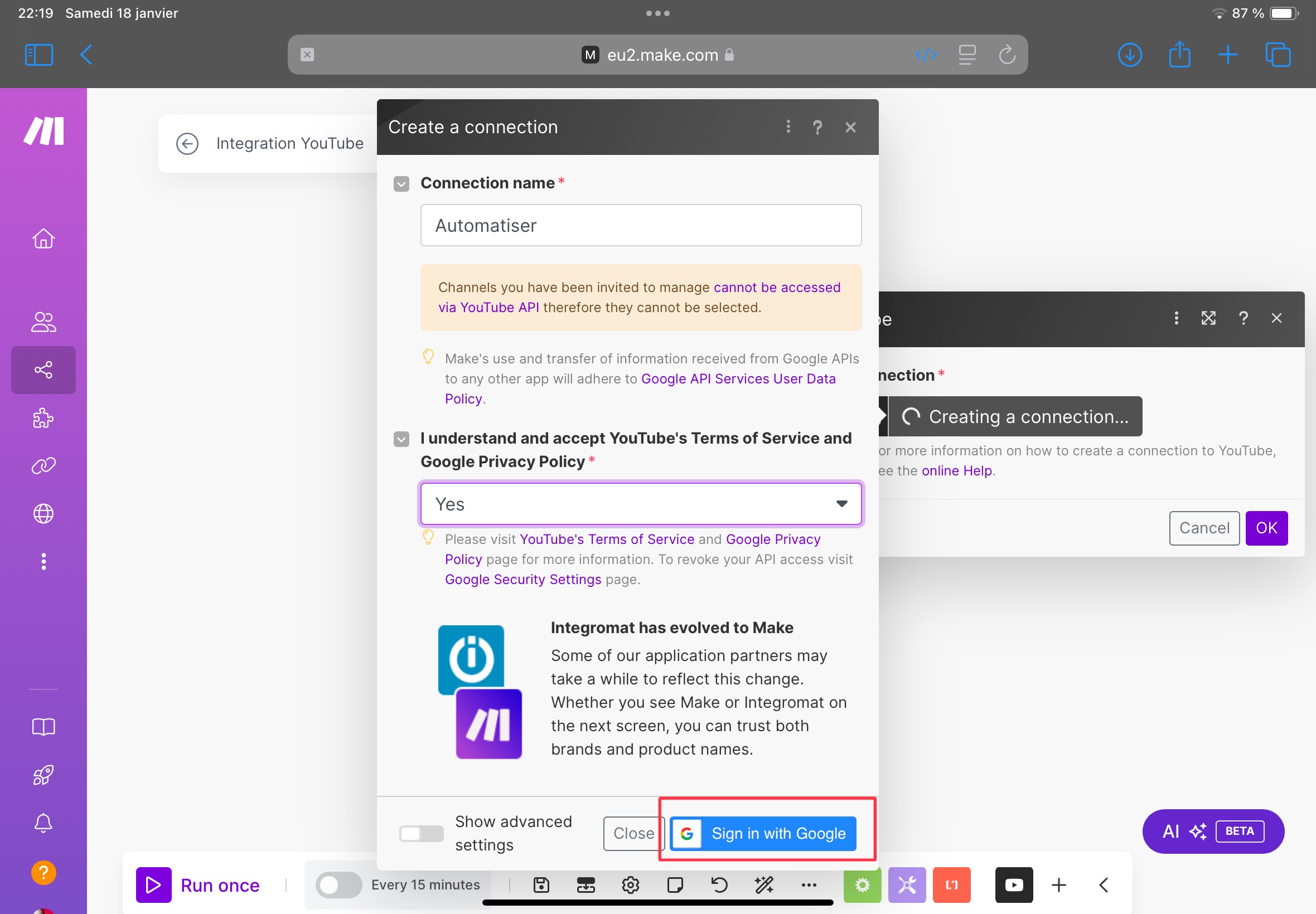comment se connecter a google pour ajouter youtube dans make