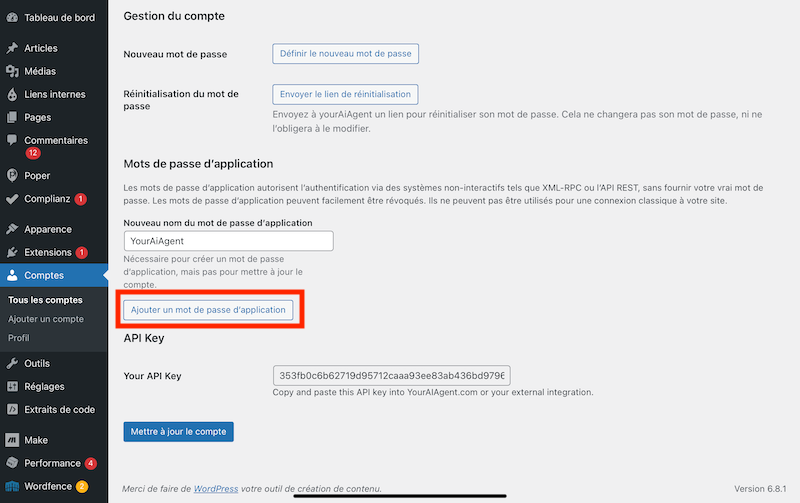 12 creer un mot de passe application dans wordpress pour agent ia amazon.PNG