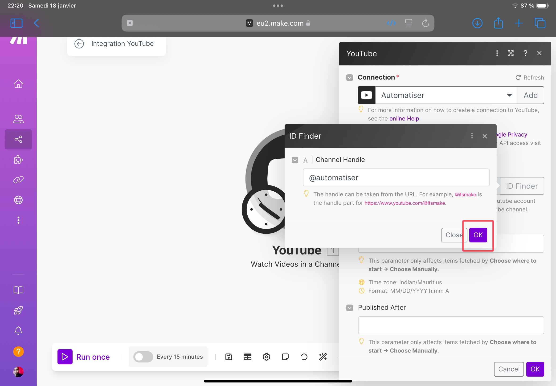 comment configurer compte youtube dans make pour automatiser