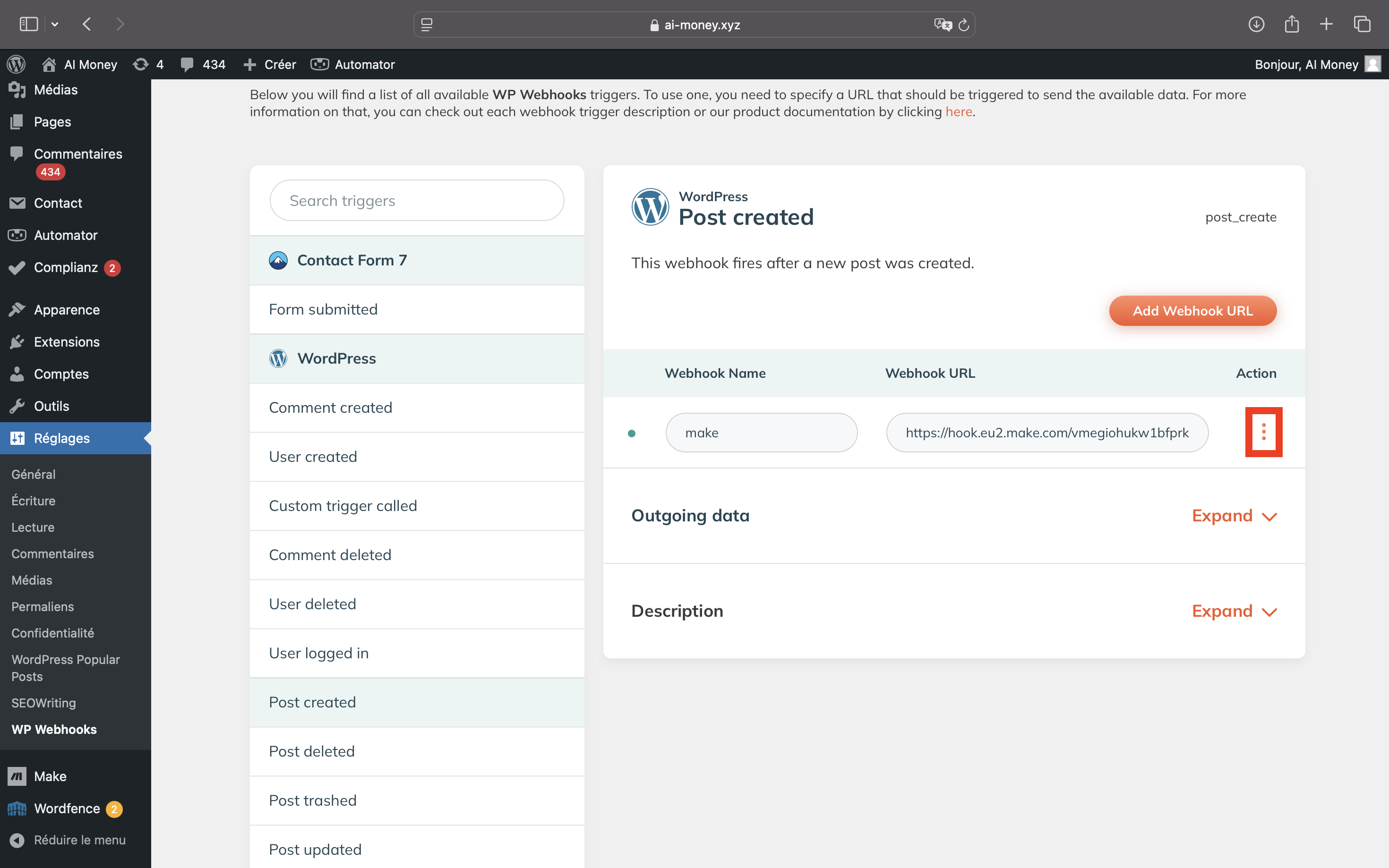 comment configurer wp webhooks