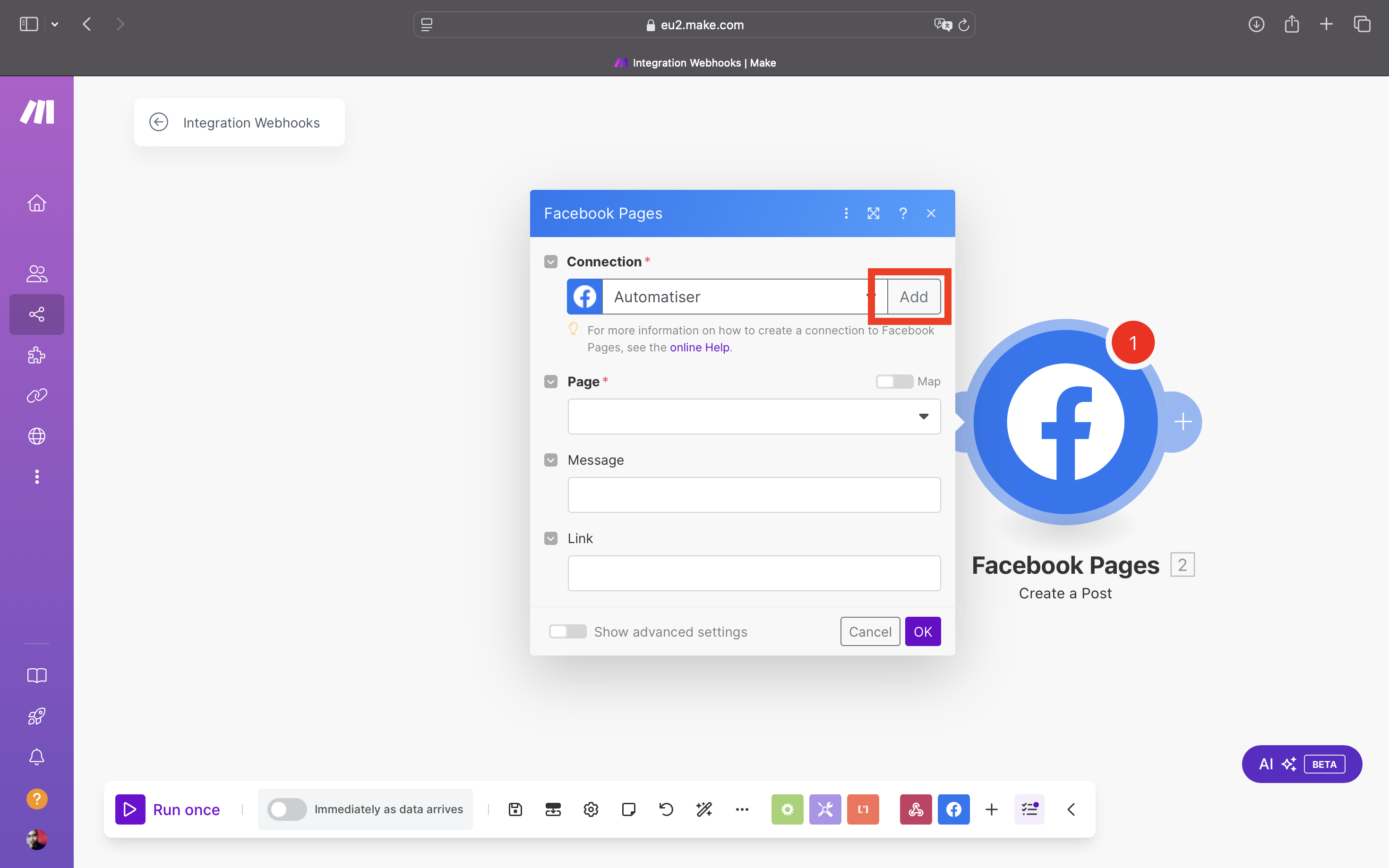 comment ajouter une page facebook a make pour publication auto