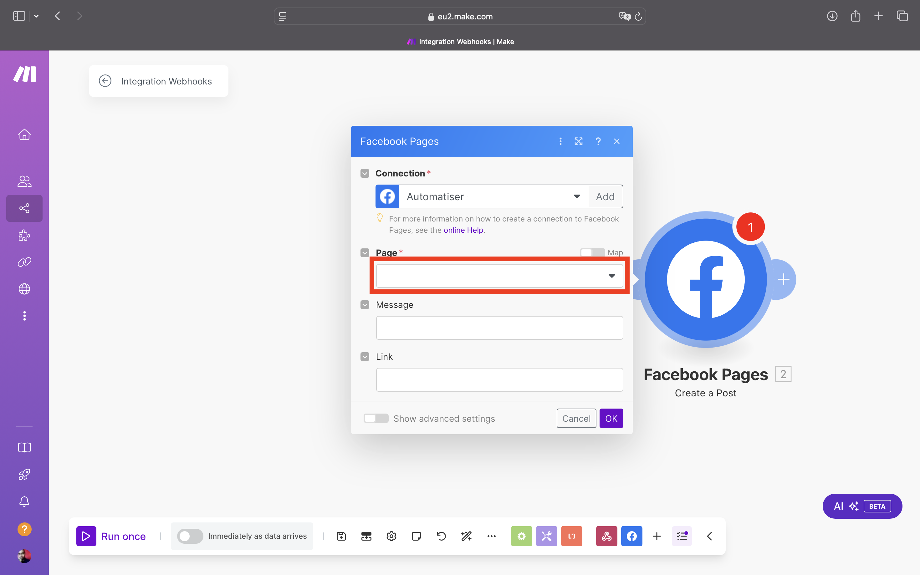 comment choisir page facebook dans make pour publication automatique