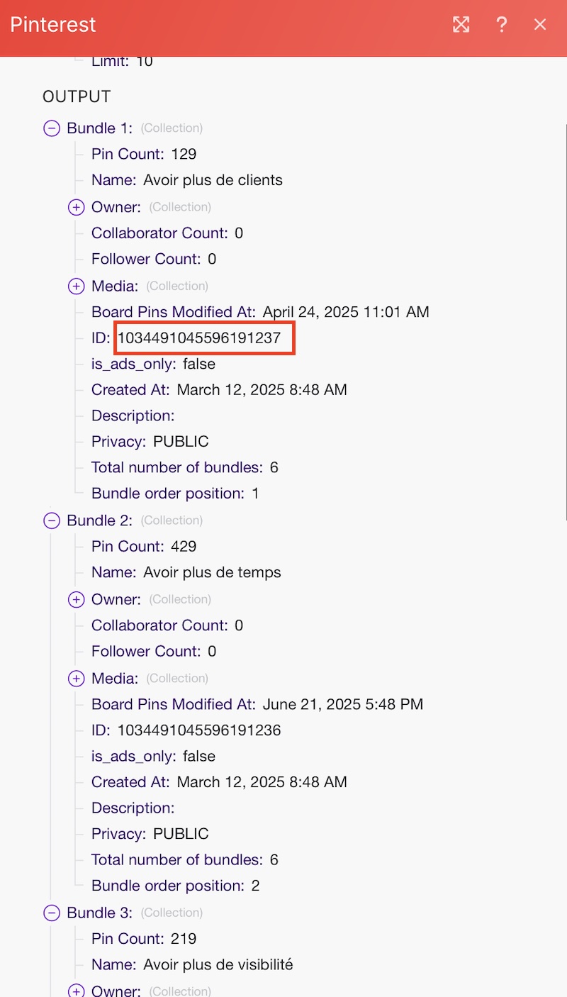comment avoir le ID d'un tableau pinterest dans make