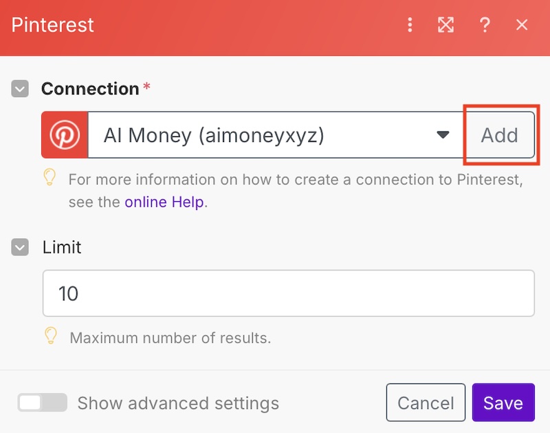 comment connecter pinterest a make