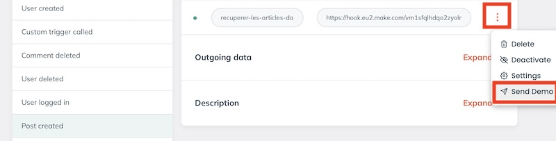 comment envoyer des donnees de tests webhook wp a make
