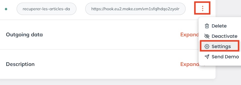 comment modifier les parametres du webhook envoyer par wordpress