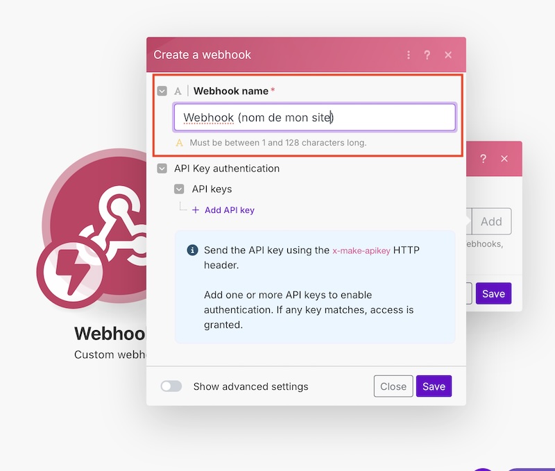 comment nommer un module webhook dans make