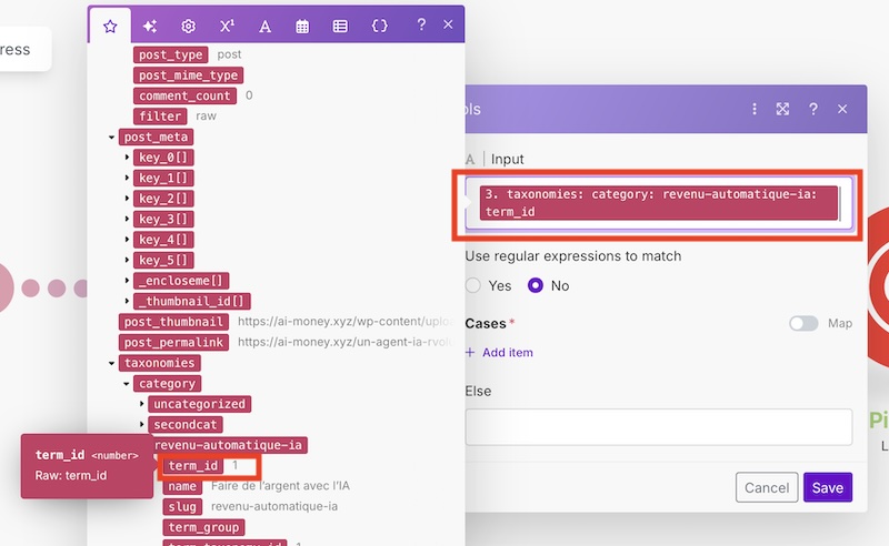comment recuperer id categorie wordpress dans make
