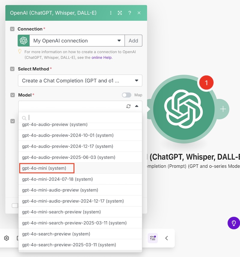 comment utiliser chatgpt 4o mini dans make