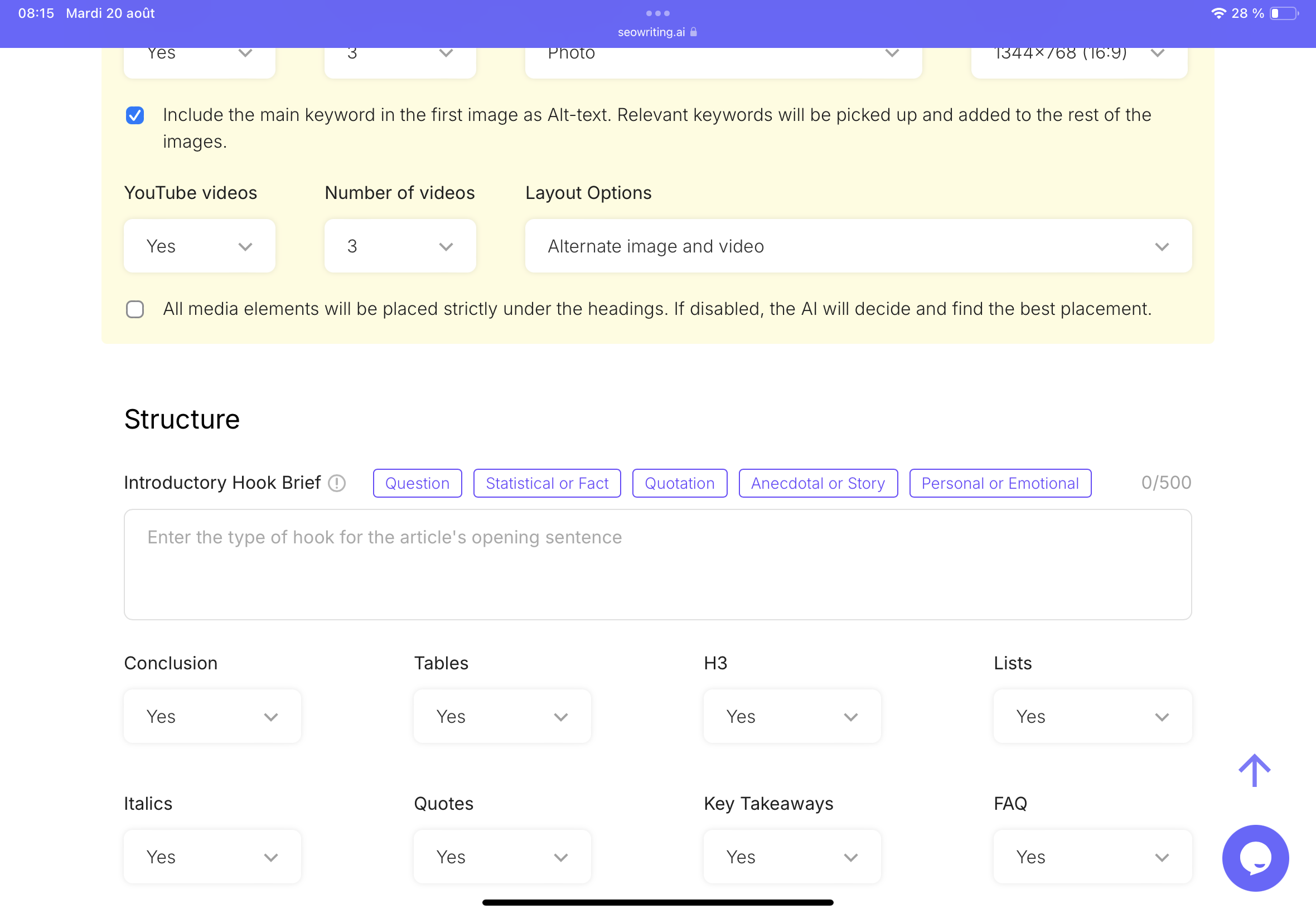 Demander à L’ia de rédiger automatiquement une introduction accrocheur avec SeoWriting pour WordPress 