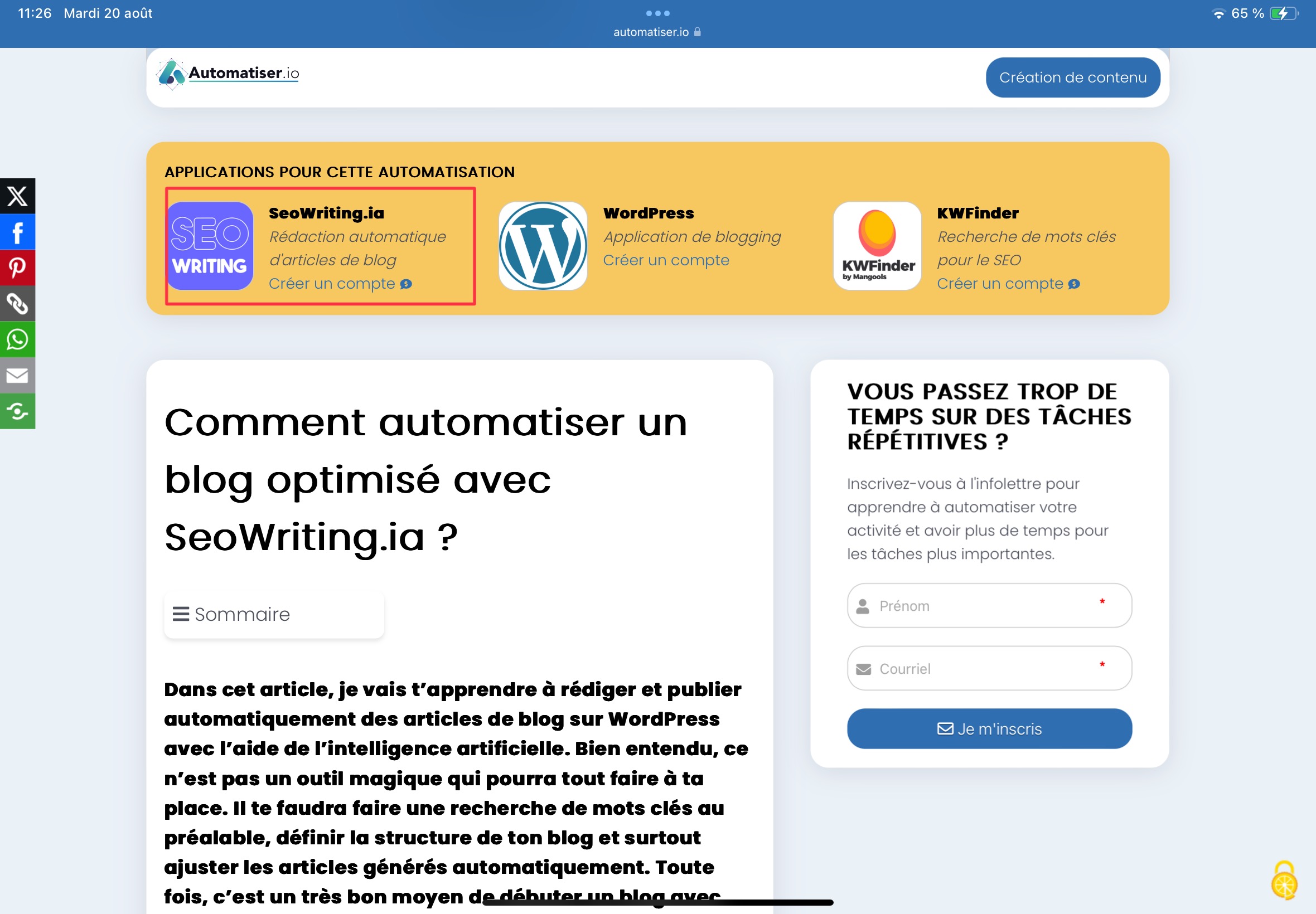 Quel ia pour générer contenu automatique pour blog